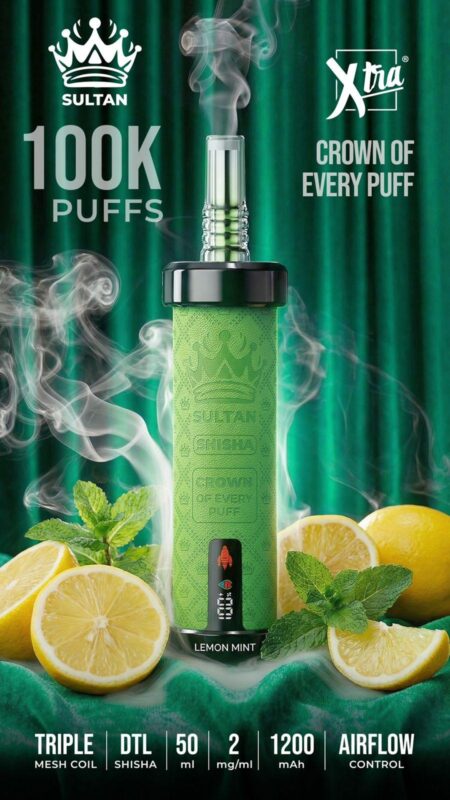 Sultan xtra shisha Dtl 100k puffs 2mg nicotine triple mesh vape __lemon mint