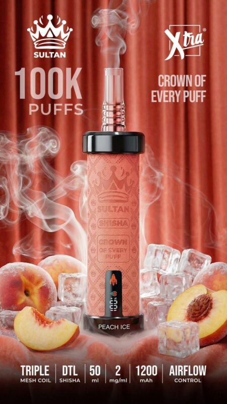 Sultan xtra shisha Dtl 100k puffs 2mg nicotine triple mesh vape __peach ice